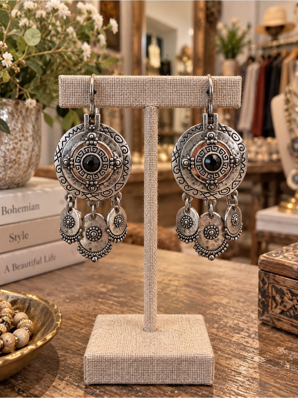 Bohemian Silver-Tone Dangle Statement Earrings - Vintage-Inspired
